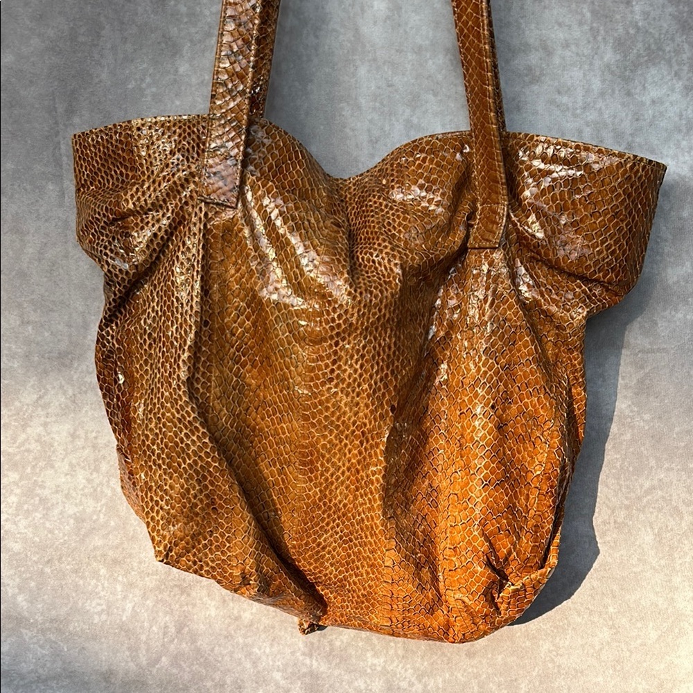 Vintage MAAN Brown Leather Snakeskin Textured Tote Bag GUC *defect* Suede Lining - Picture 6 of 15